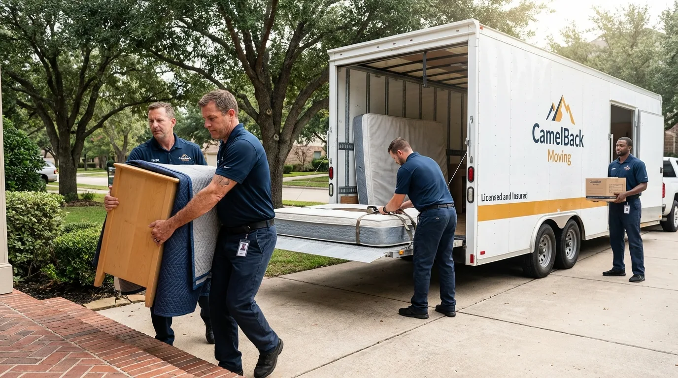 Crew loading residential truck for cross-state move from Hanna City, IL