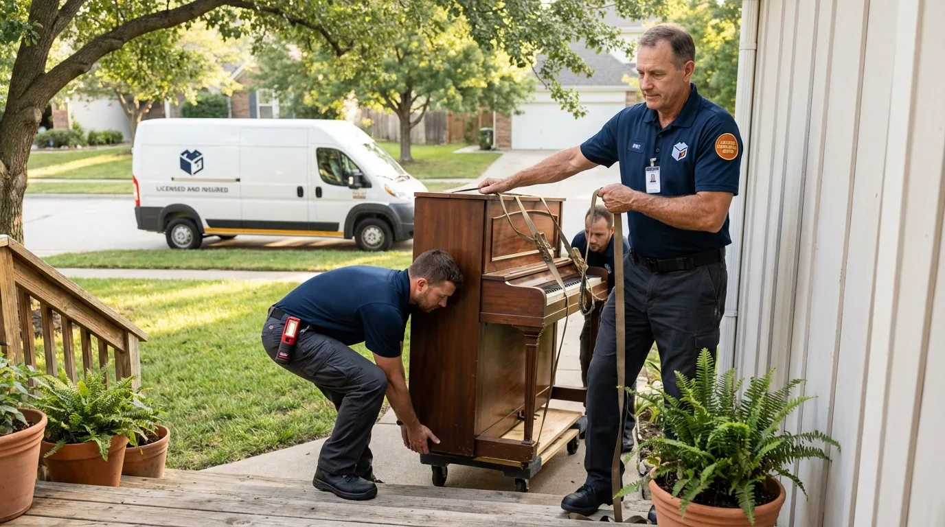 Licensed piano movers securing grand piano in Hanna City, IL