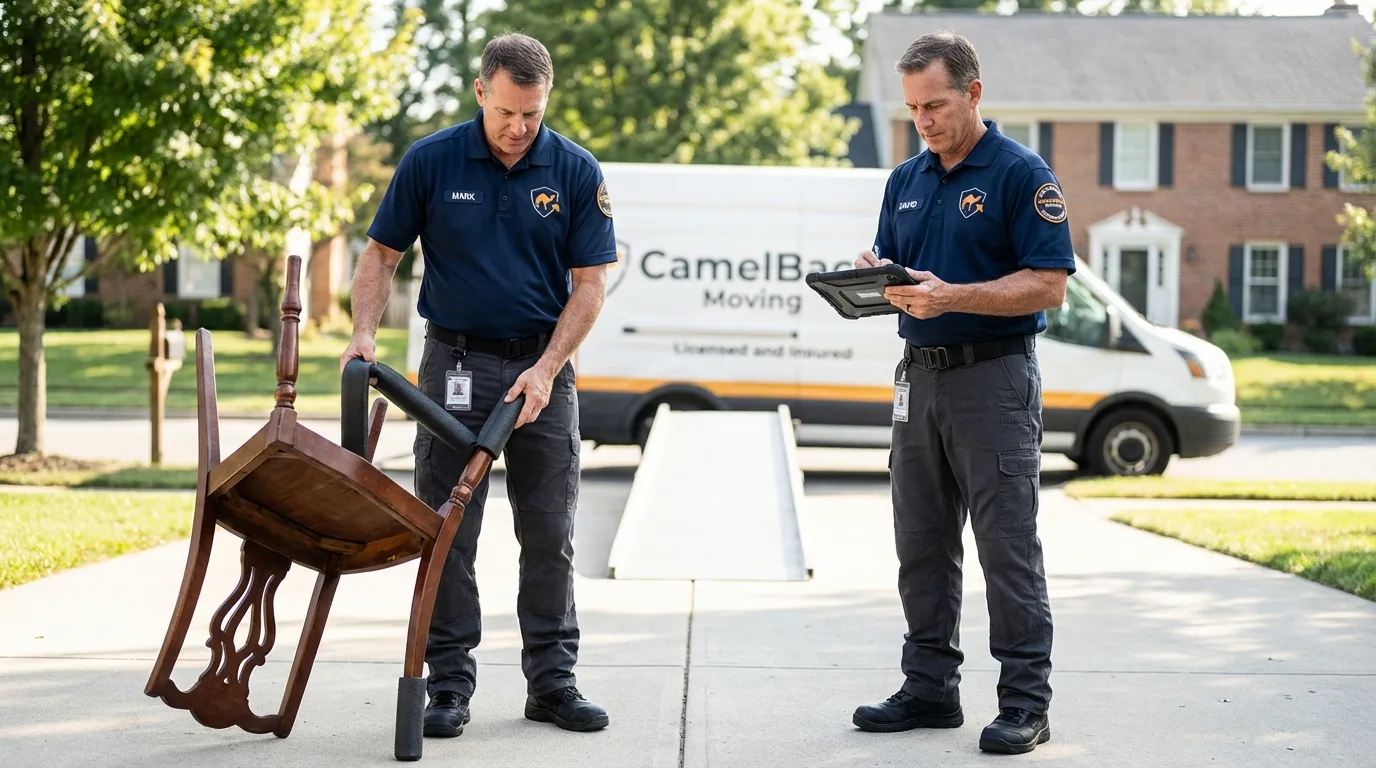 Movers inspecting furniture for damage prevention before loading in Hanna City, IL