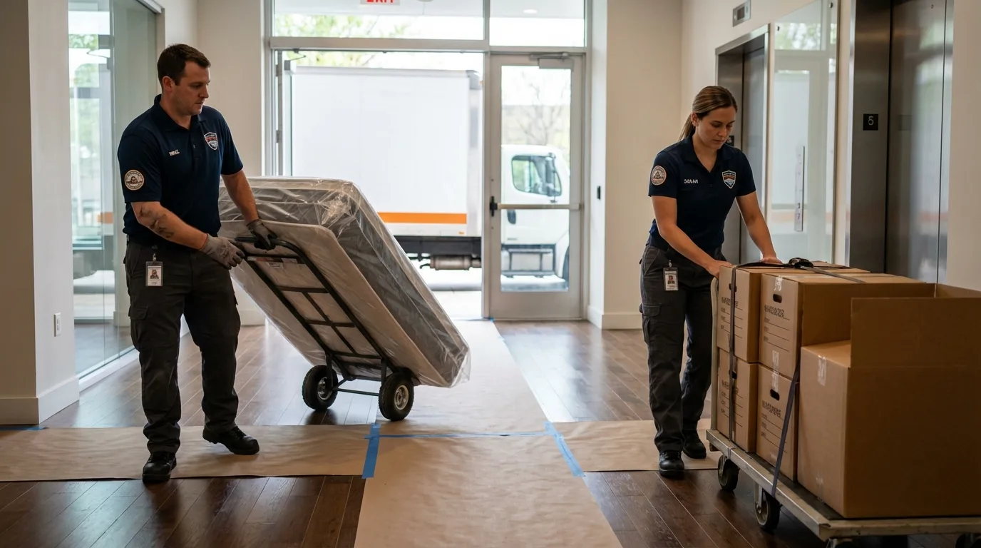 Professional apartment movers loading elevator in Hanna City, IL