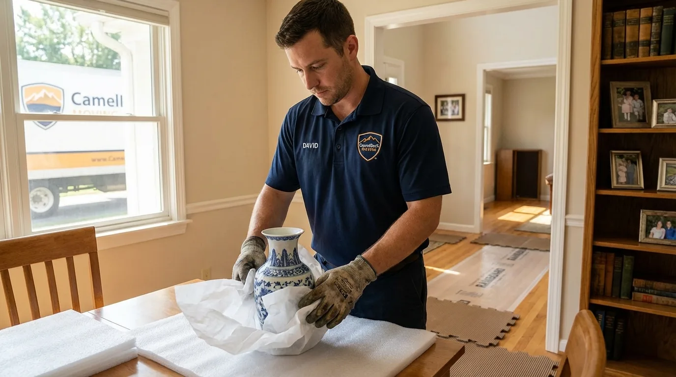 Professional crew carefully wrapping antique vase for senior downsizing move in Hanna City, IL