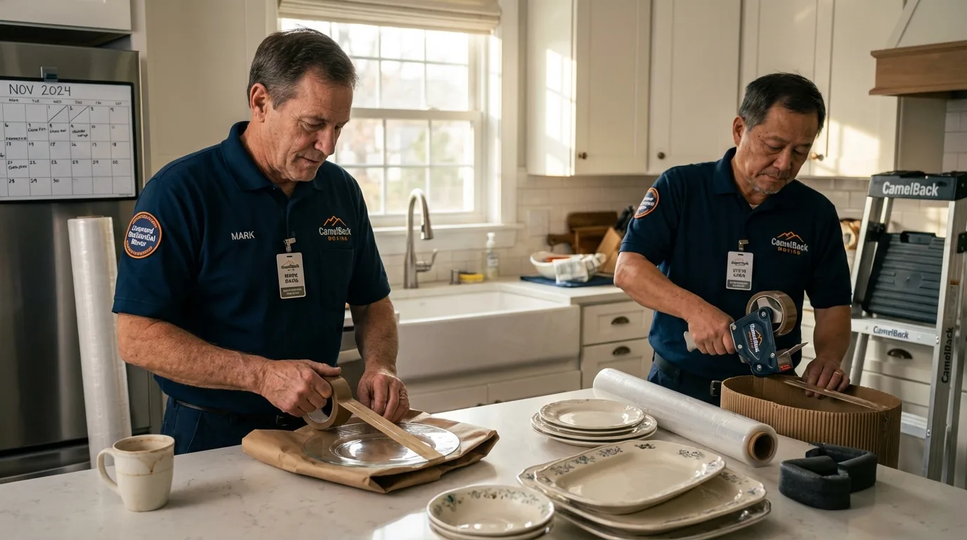 Professional crew packing kitchen dishware in Hanna City, IL